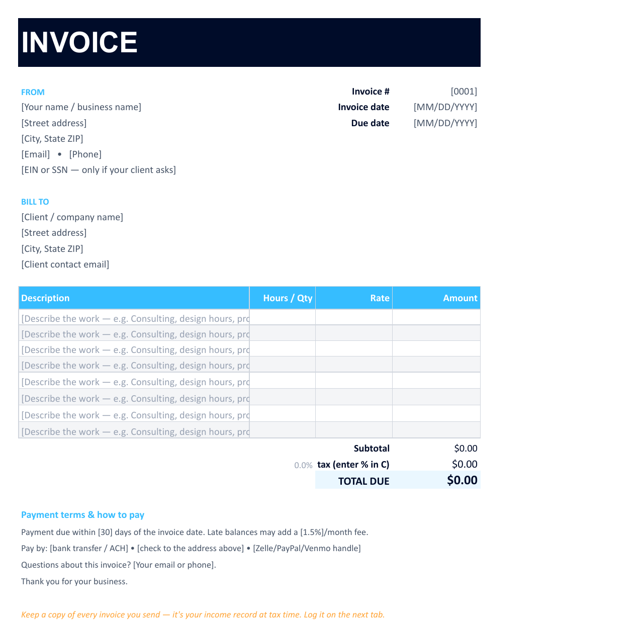 The free Shoeboxed 1099 contractor invoice template: a fillable invoice with FROM and BILL TO blocks and a line-item table with hours, rate, and amount columns that subtotal and total on their own.