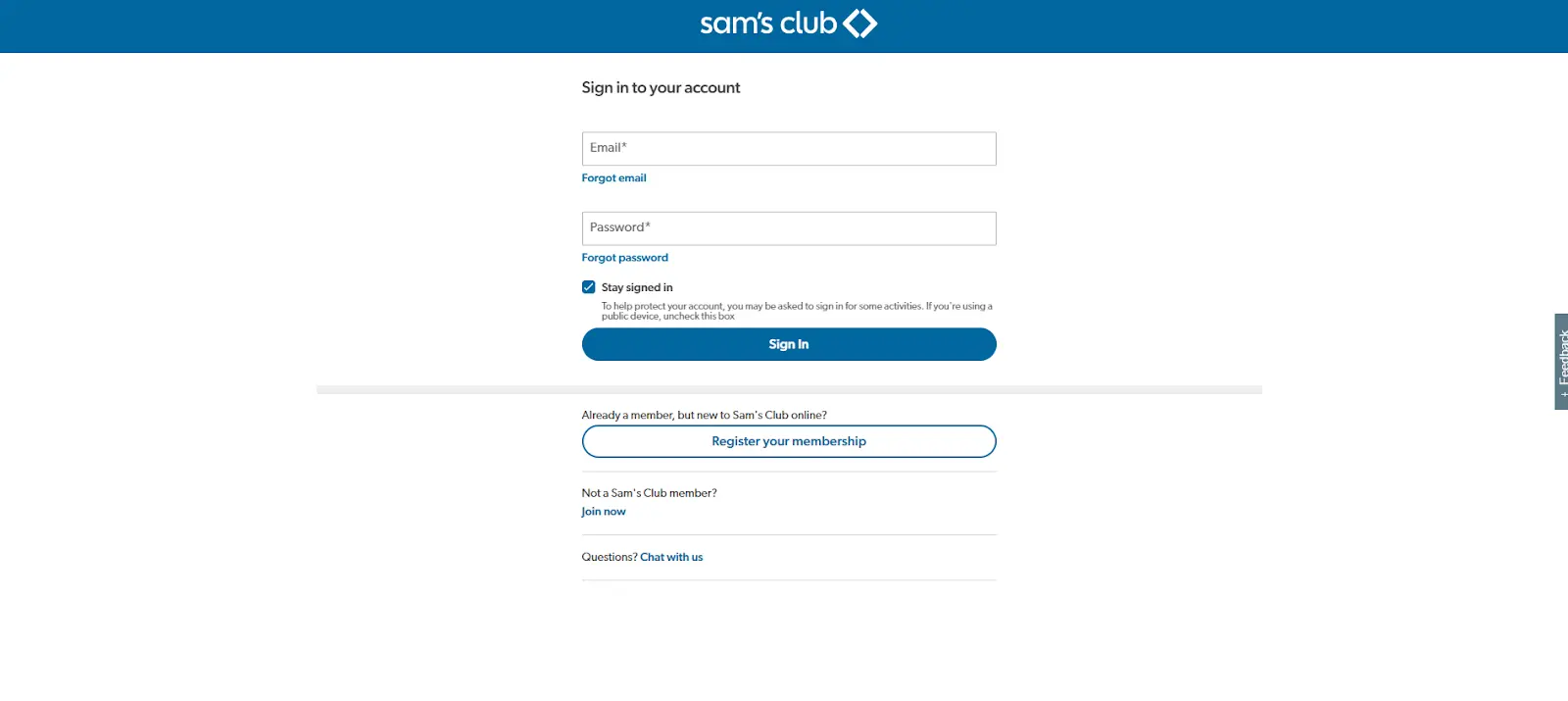 Sam's Club website sign-in page asking for the email and password on a membership account.