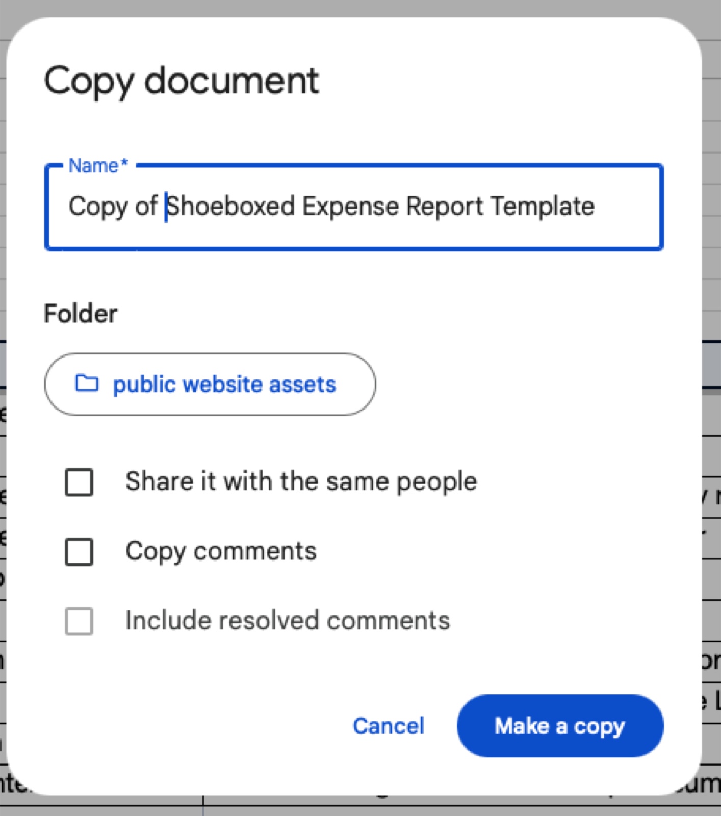 Google Sheets Copy document prompt showing the Shoeboxed weekly expense tracker template ready to save into the user's own Drive