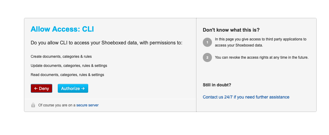 Shoeboxed browser screen asking you to allow the CLI to access your account