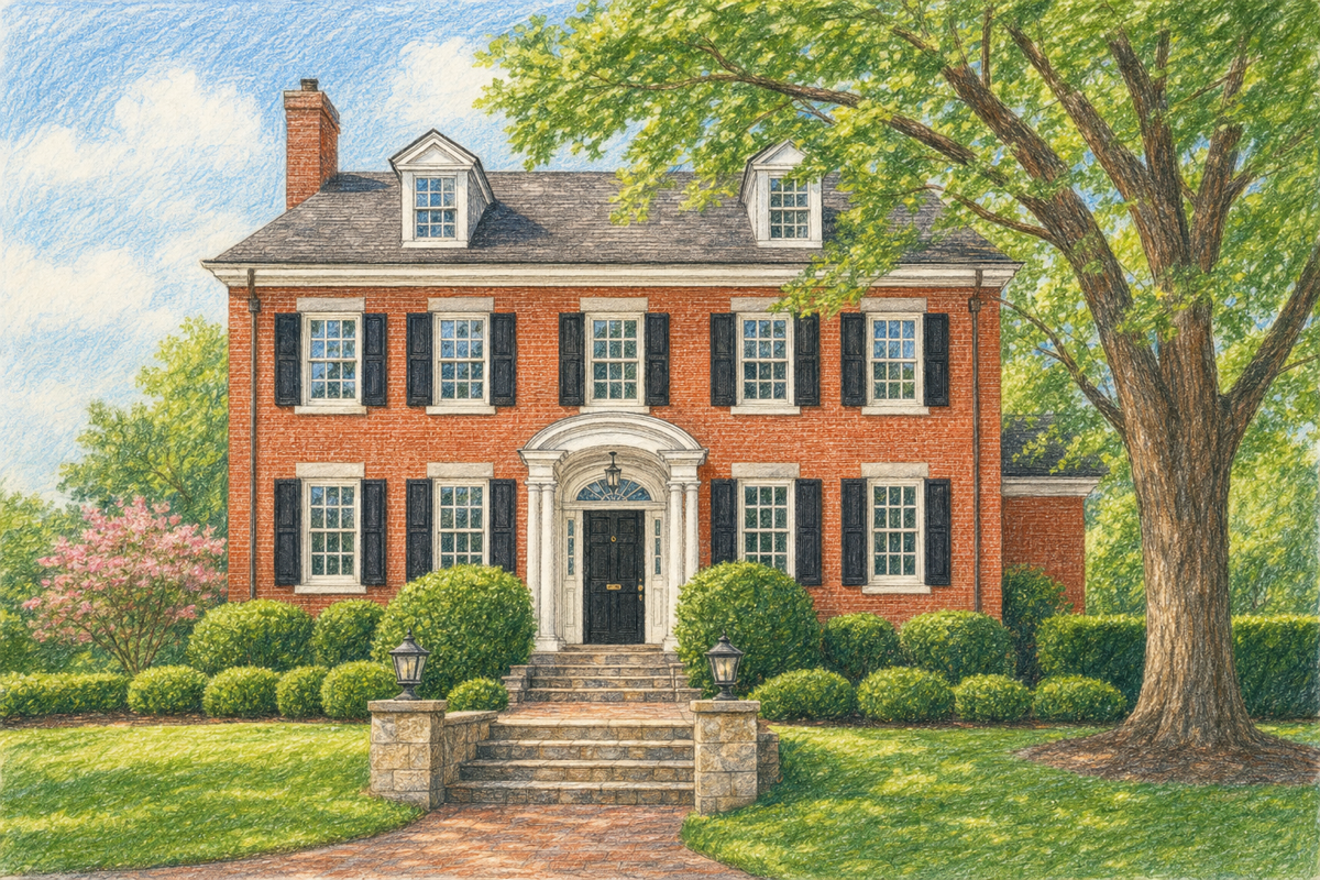 Illustration of the Home Alone house, a red-brick Georgian Colonial in Winnetka, Illinois