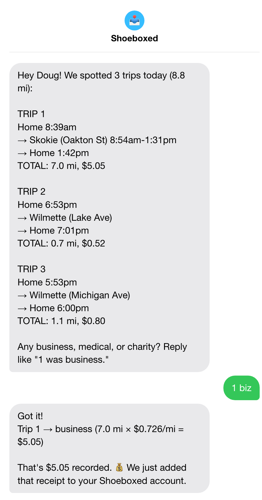Shoeboxed daily text summary listing the day's drives in miles, with the driver replying to mark which were for business